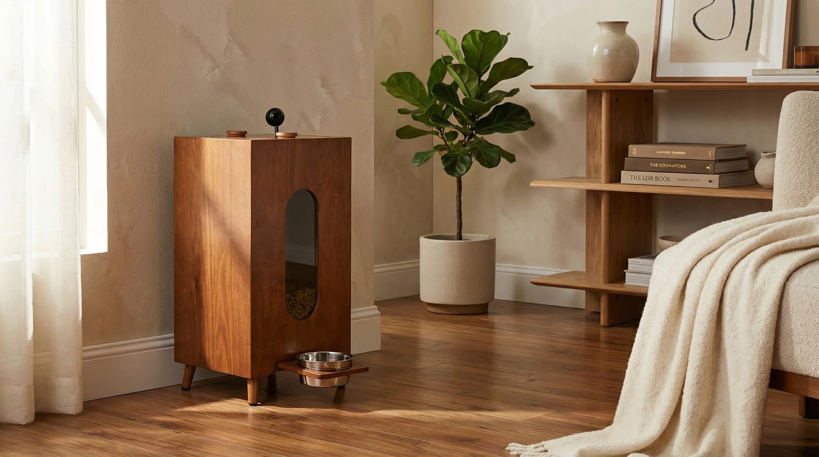 Wholesale Walnut-Wood Pet Feeder | Large Capacity Gravity Food Dispenser | Manual Portion Control for Cats & Dogs-1