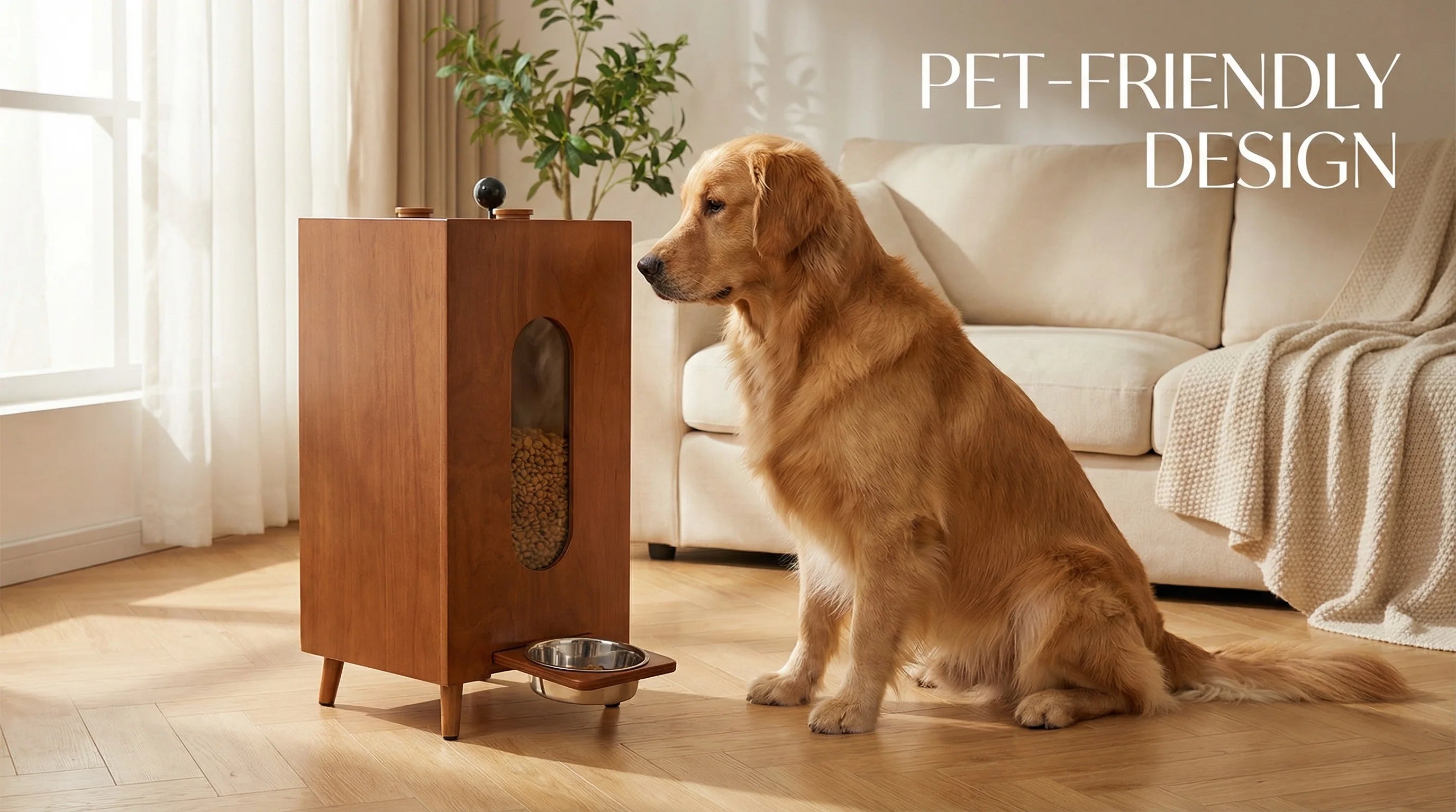 Wholesale Walnut-Wood Pet Feeder | Large Capacity Gravity Food Dispenser | Manual Portion Control for Cats & Dogs-2