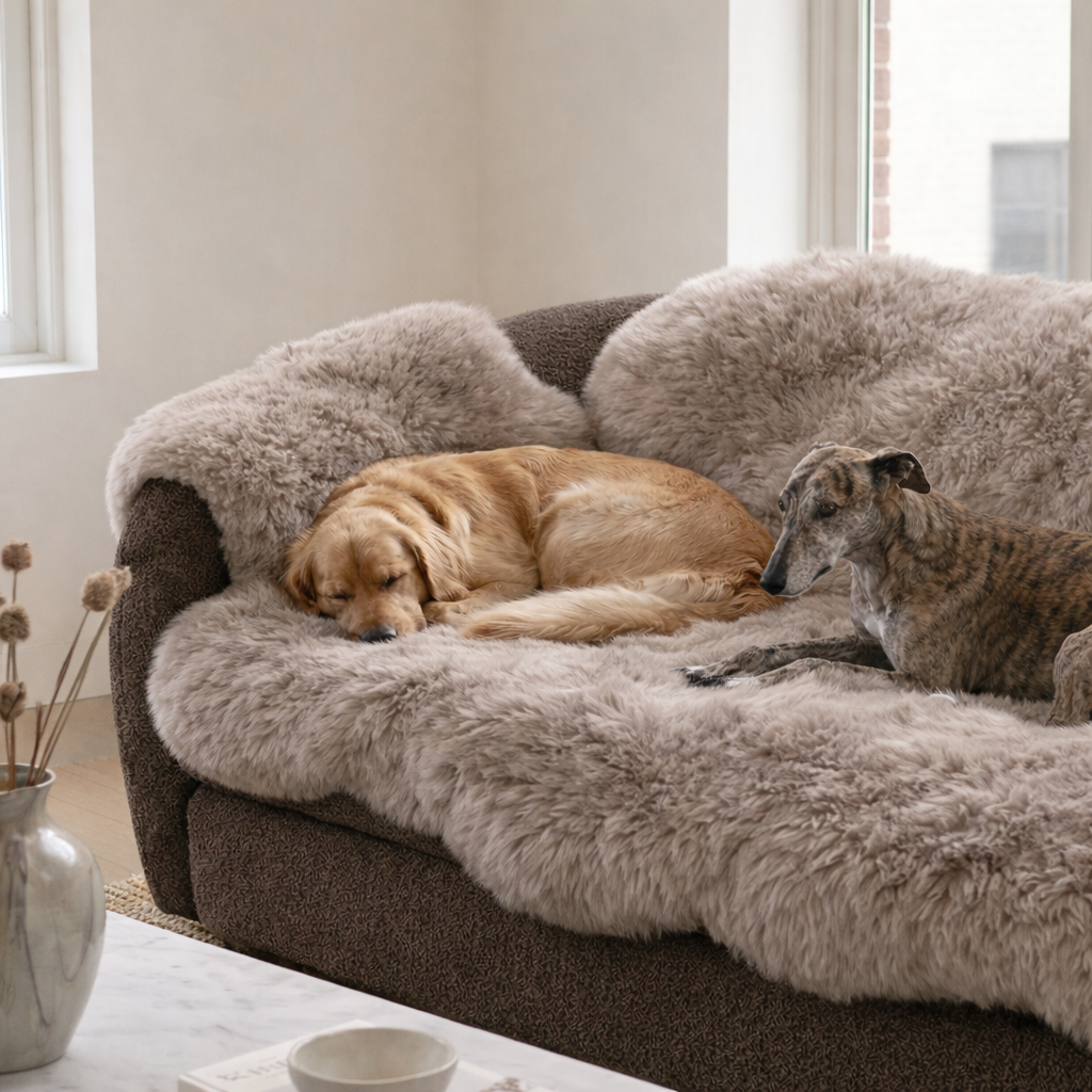 Genuine Beige Sheepskin Couch Cover for Dogs — Natural Sofa Protector (Plastic-Free)-4