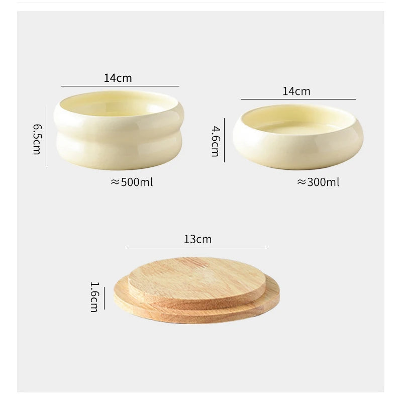 Custom Logo Ceramic Pet Bowl Elevated Protective Cervical Cat Dog Double Water Food Bowl with Wood Plank-4