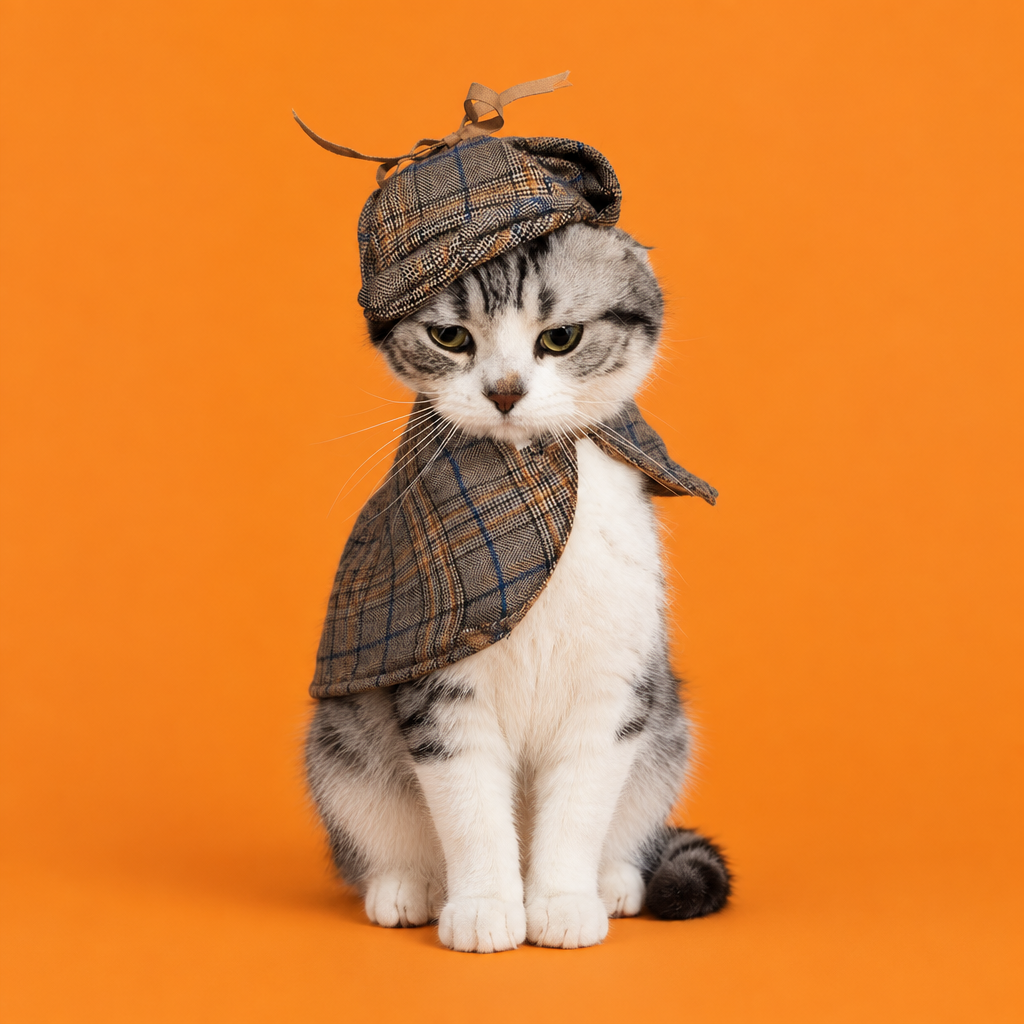 Foto editorial abierta con el perro en disfraz de detective sobre fondo naranja LOVO