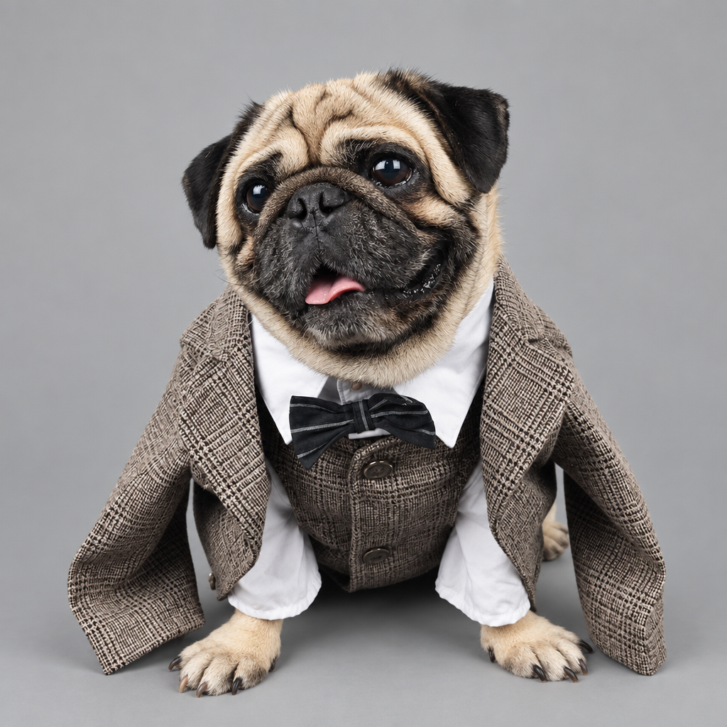 Foto editorial con el perro usando el traje formal sobre fondo gris