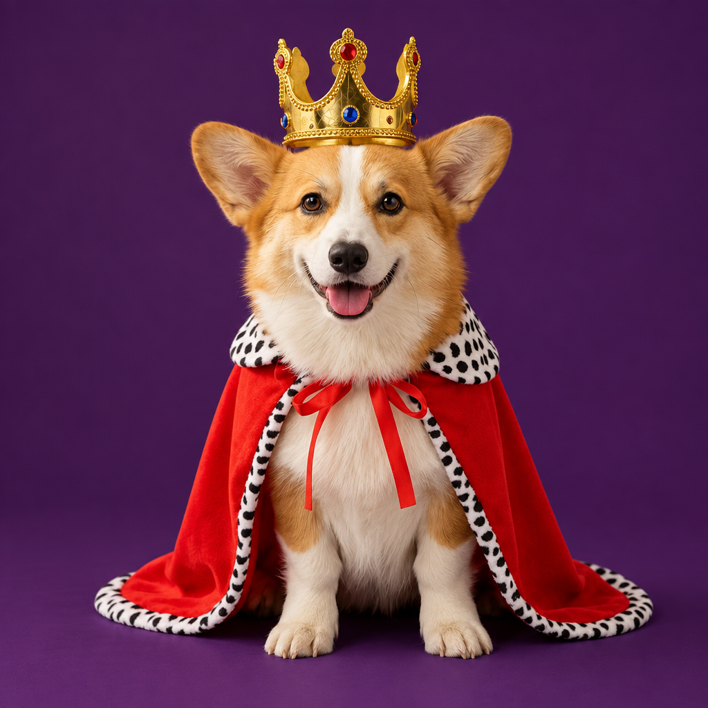 Foto editorial con perro real usando la capa de rey sobre fondo morado