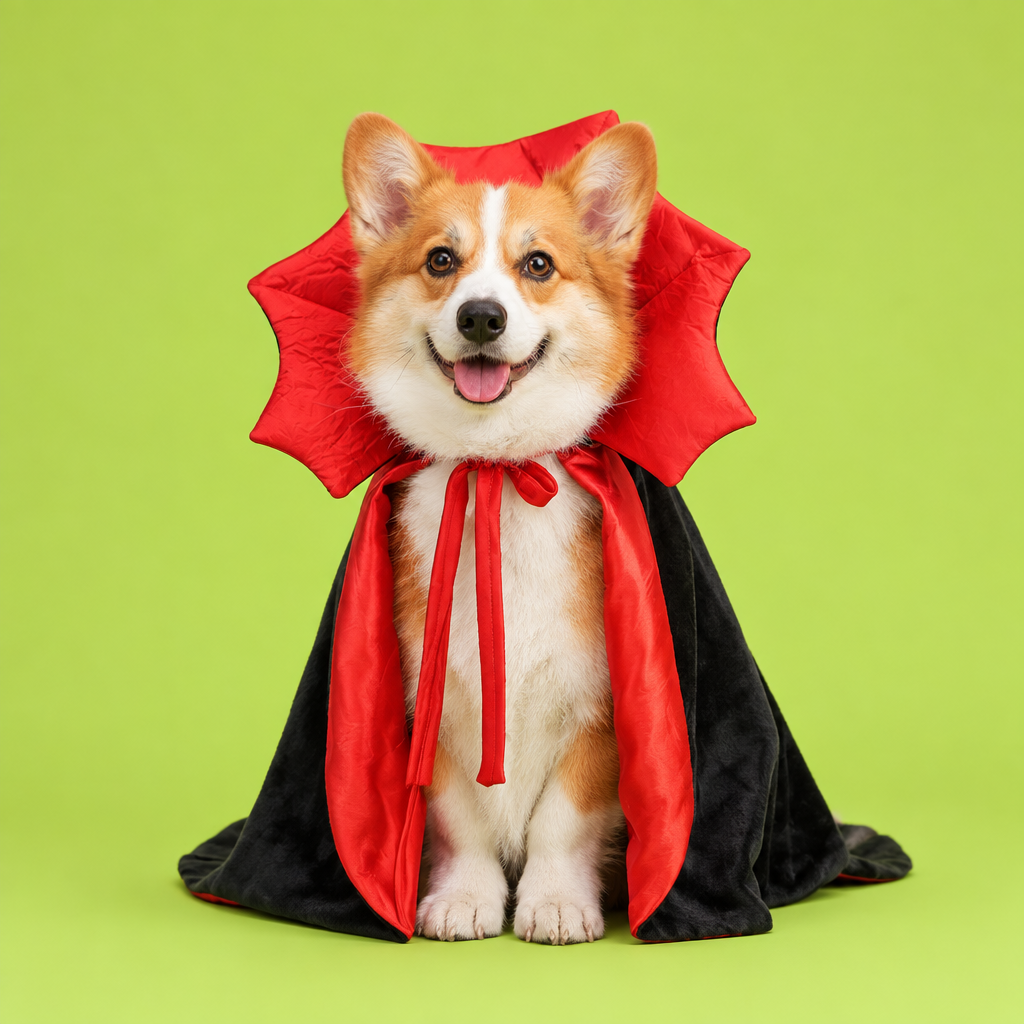 Portada editorial con corgi real usando la capa de vampiro sobre fondo lime