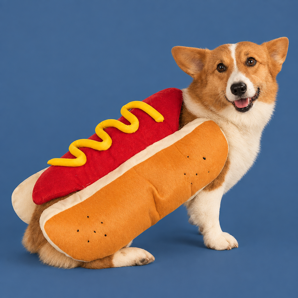 Portada editorial con perro real en disfraz de hot dog sobre fondo azul
