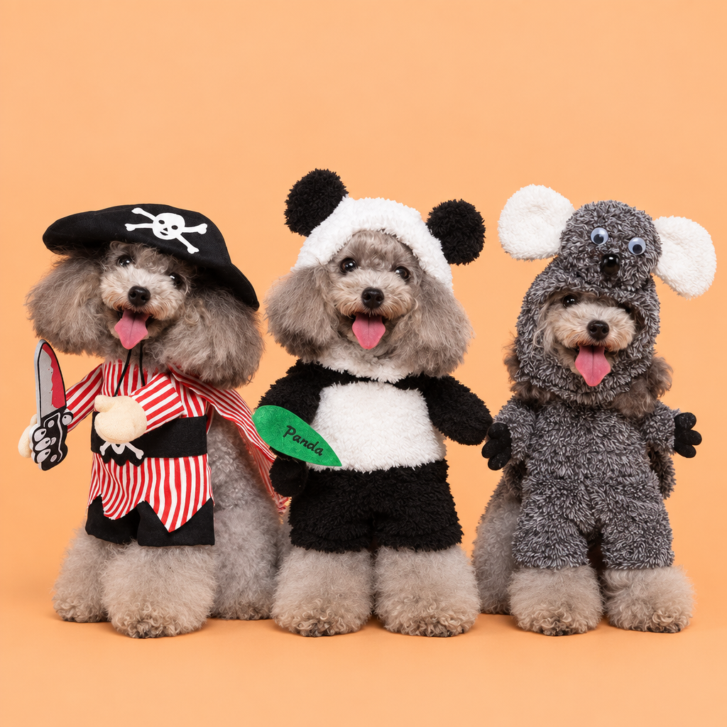 Portada editorial con tres perros realistas en disfraz sobre fondo naranja suave