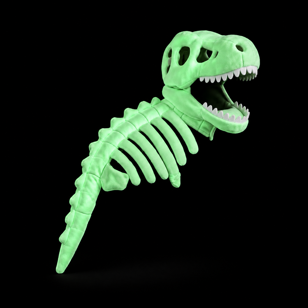 Portada editorial del disfraz de dinosaurio esqueleto sobre fondo negro